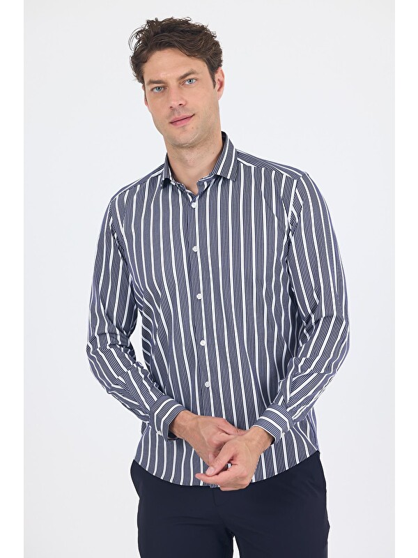 İMZA Koyu Lacivert Uzun Kol Yarım İtalyan Yaka Cepsiz Easy To Iron Slim Fit Esnek Gömlek 1004250228