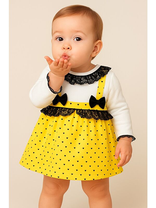 Chicsy Baby Kız Bebek Puantiyeli Desenli Dantelli Fiyonklu Askılı Elbise Takım
