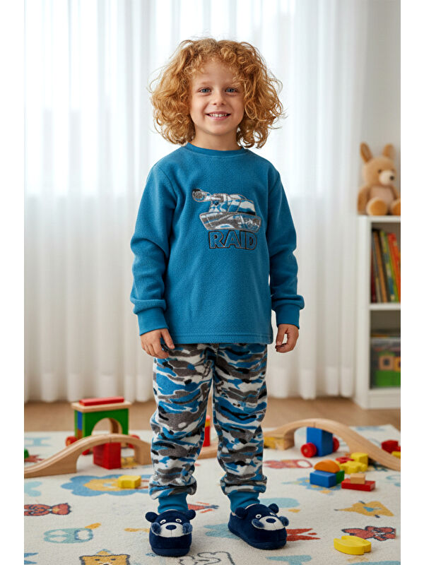 Remsa Erkek Çocuk Kadife Polar Desenli Pijama Takımı 1669 Petrol01