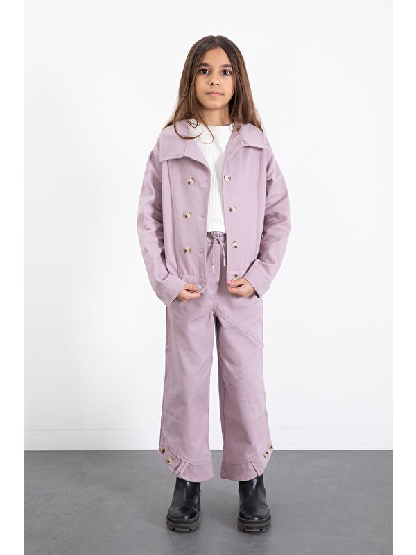 Cansın Mini Pembe Çift Düğme Detay Gömlekli Pantolonlu Kız Çocuk Gabardin Takım 23540