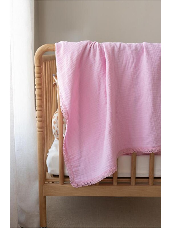 Çeyiz Diyarı Pamuklu Kenarı Fistolu Bebek Battaniyesi 80x100 Cm Pembe