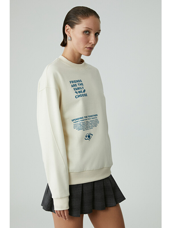 ETHIQUET MODELITA Kadın Regular Baskılı Yuvarlak Yaka Ekru Sweatshirt EKRU Sweatshirt