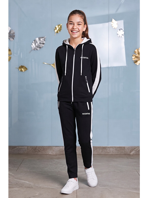 Pina Kids Kız Çocuk Potential Kalın Şeritli Kapüşonlu Düz Paça  Dalgıç Kumaş Eşofman Takımı ESF7016