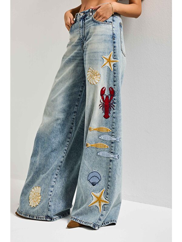 It's Basic Kadın Jean Rengi 4s6-32 Palazzo Fit Deniz Dünyası Nakışlı Özel Tasarım Denim Jean