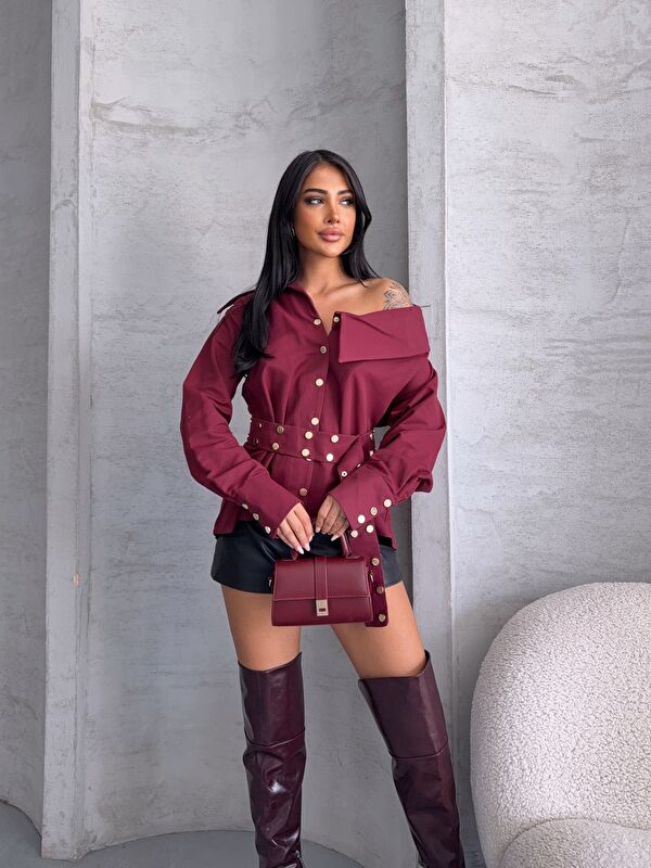 carla10 Çıtçıtlı Kemerli Bordo Gömlek