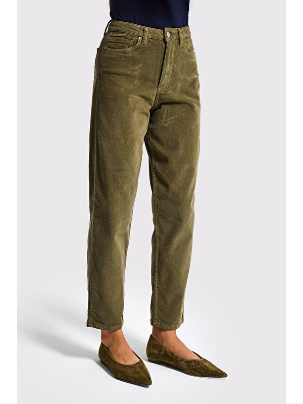 It's Basic Kadın Haki Renk 29w5-15 Relax Fit Esnek Kumaş İnce Fitilli Velvet Kadife Kumaş Pantolon