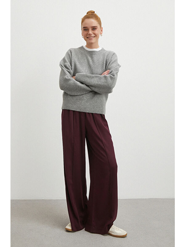 Never More Çizgi Detaylı Geniş Paça Beli Lastikli Pantolon Bordo