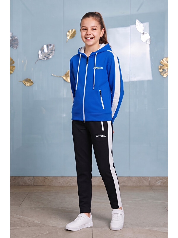 Pina Kids Kız Çocuk Potential Kalın Şeritli Kapüşonlu Düz Paça  Dalgıç Kumaş Eşofman Takımı ESF7016