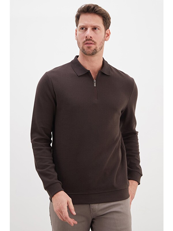 Fullamoda Fitilli Polo Yaka Yarım Fermuarlı Selanik Örme Sweatshirt
