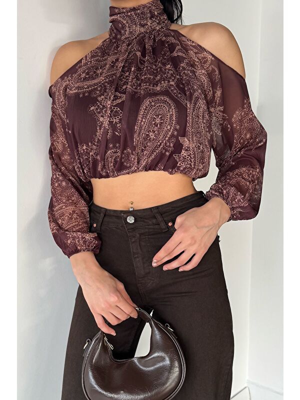 Gülseli Kahverengi Astarlı Omuz Dekolteli Kadın Crop Top Şifon Bluz - S000470105-19413