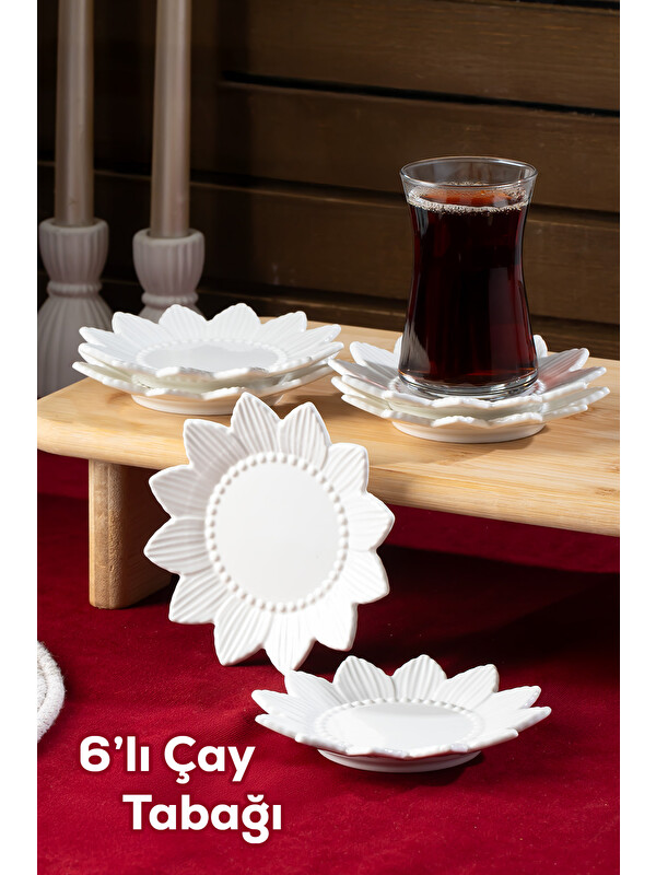 Porsima 2338 Güneş Motifli 6lı Porselen Çay Tabağı Seti Beyaz - 11,5cm