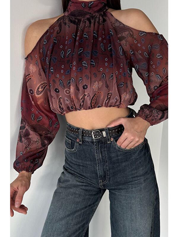 Gülseli Bordo Astarlı Omuz Dekolteli Kadın Crop Top Şifon Bluz - S000470105-19951