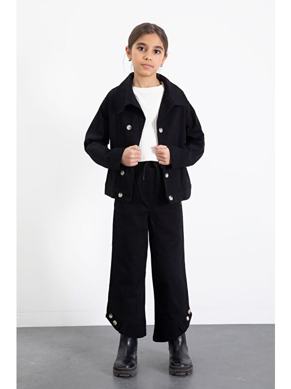 Cansın Mini Siyah Çift Düğme Detay Gömlekli Pantolonlu Kız Çocuk Gabardin Takım 23539