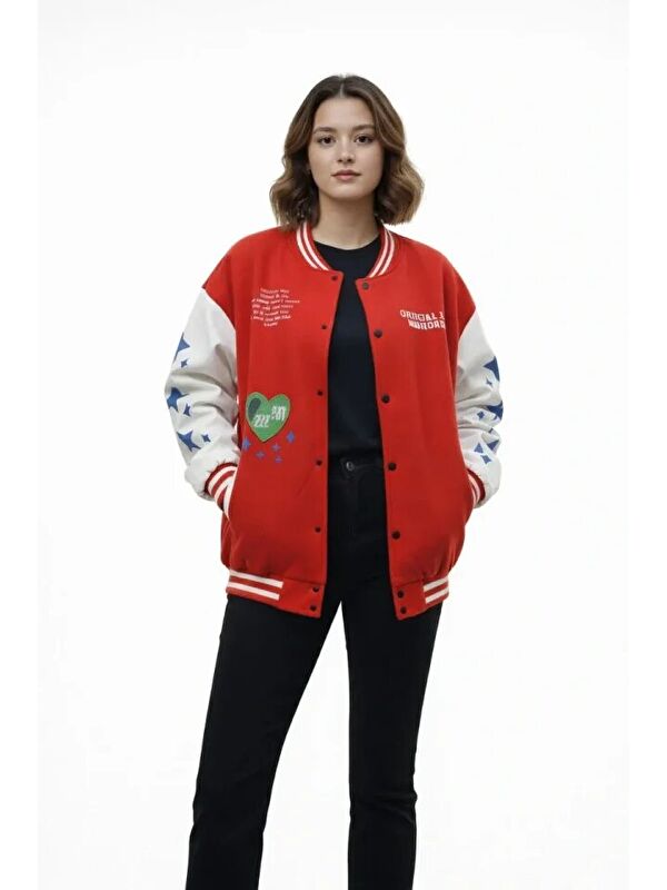 Jane's Kırmızı Varsity Çıtçıtlı Baskılı Oversize Kalıp Kolej Ceket - Kırmızı