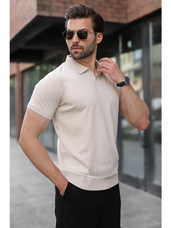 Madmext Taş Rengi Regular Fit Polo Yaka Triko Erkek Tişört E7502