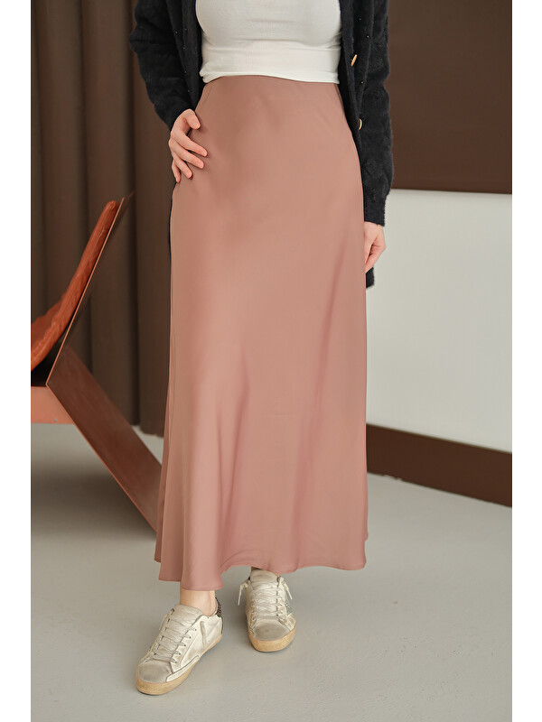 Locco Moda Kadın Saten Etek Açık Vizon