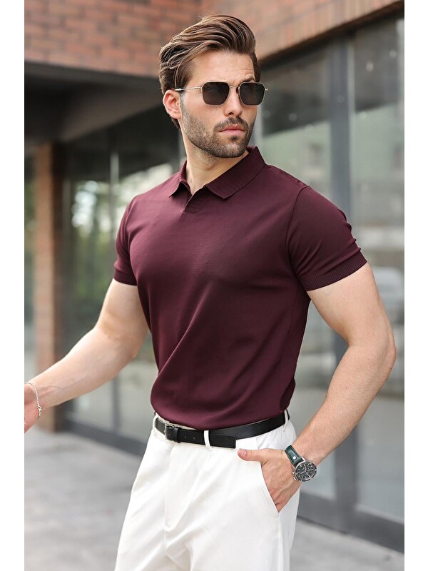 Madmext Mürdüm Regular Fit Polo Yaka Triko Erkek Tişört E7502