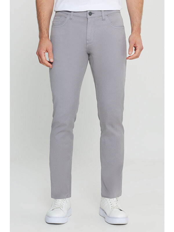 Altınyıldız Classics Erkek Gri Pamuklu Slim Fit Dar Kesim 5 Cepli Armürlü Esnek Casual Pantolon
