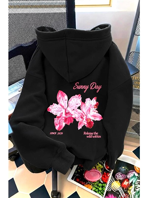 Oksit Sunny Day Botanical Sırt Baskılı Oversize Kapüşonlu Sweatshirt | Çiçek Desenli Şardonlu Kumaş Hoodie