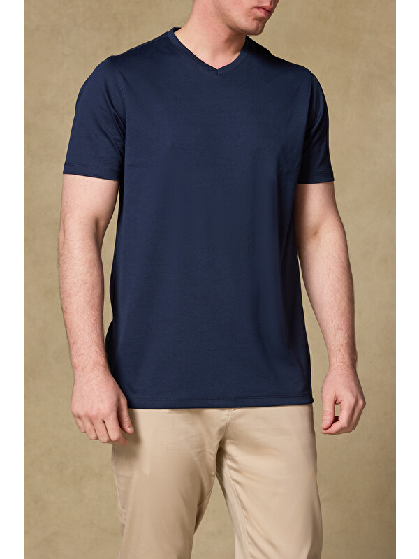 ABBATE Vita Merserize Pamuklu Modern Fit Lacivert V Yaka Erkek Düz T-Shirt