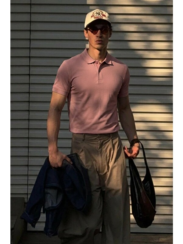 Comstar Erkek Klasik Slim Fit Pembe Polo Yaka Tişört