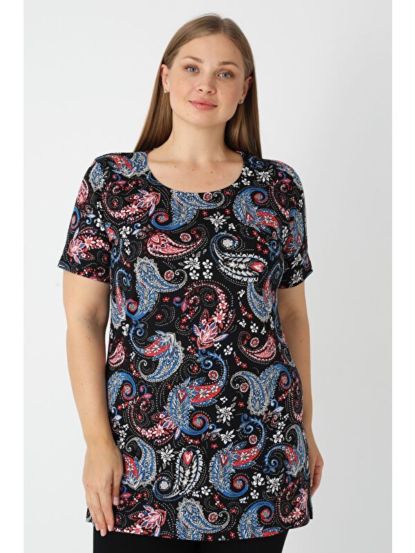 Intensive Haki Desenli Kısa Kollu Kadın Büyük Beden Pamuklu T-shirt