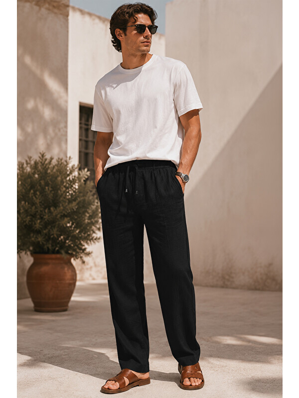 Etikmen Erkek Siyah Regular Fit Müslin Pantolon