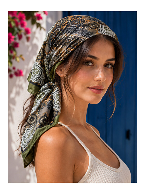 Luminos Butik Kadın Haki Etnik Madalyon Desenli Pamuk 70x70 Ithal Fular FLR6035