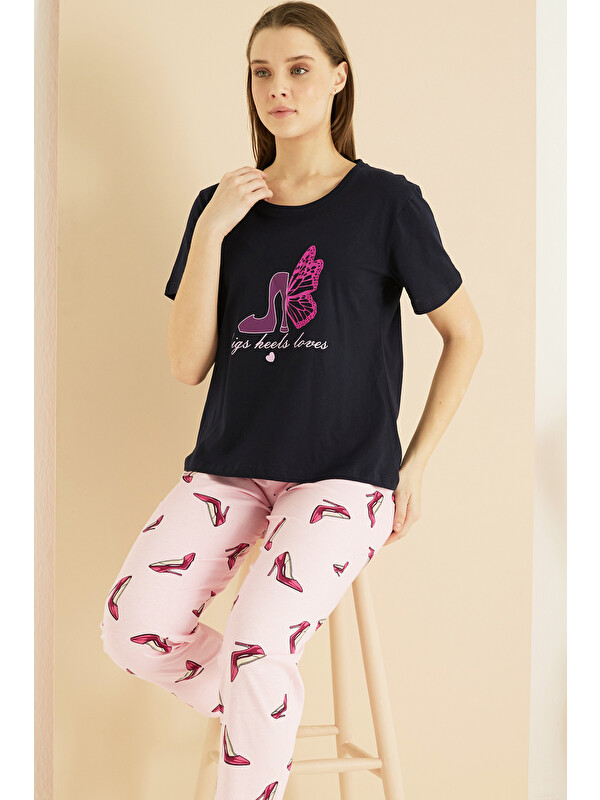 Siyah İnci lacivert desenli Pamuklu Bisiklet Yaka Örme Pijama Takım25103264