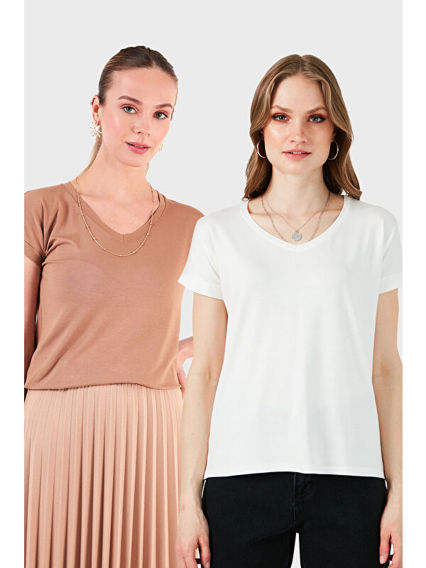 Lela V Yaka Relaxed Fit Yırtmaç Detaylı 2'li Paket Bluz 5862000S2
