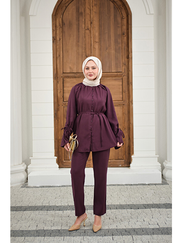 Locco Moda Kadın Büzgü Detay Takım Mürdüm