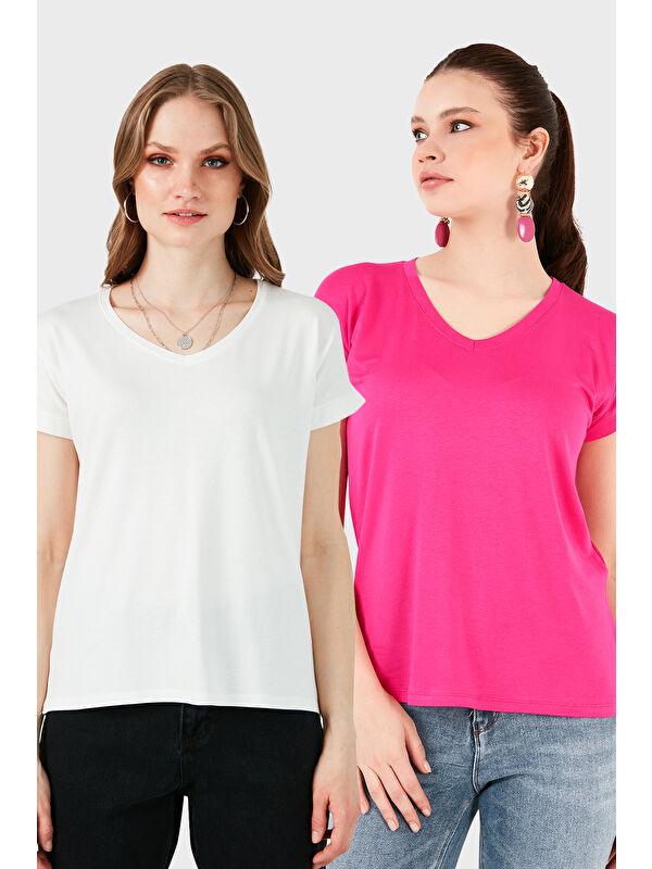 Lela V Yaka Relaxed Fit Yırtmaç Detaylı 2'li Paket Bluz 5862000S2