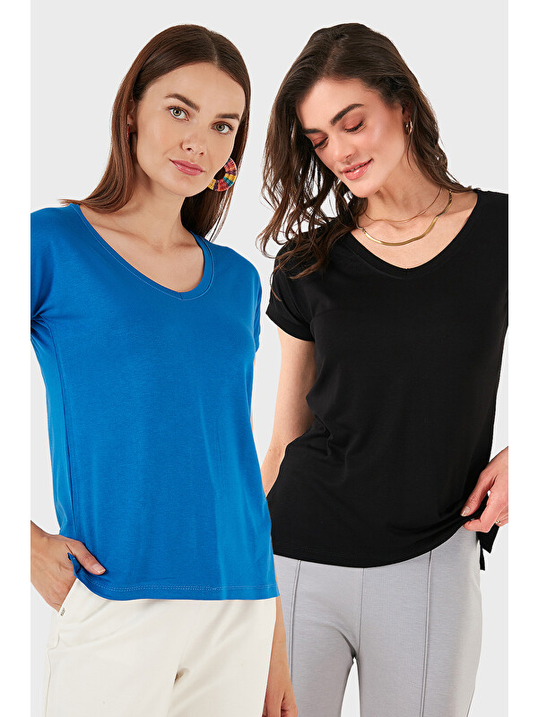 Lela V Yaka Relaxed Fit Yırtmaç Detaylı 2'li Paket Bluz 5862000S2