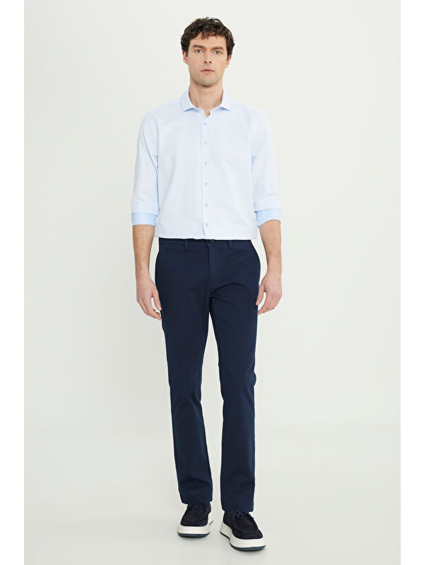 Altınyıldız Classics Erkek Lacivert Pamuklu Slim Fit Armürlü Yan Cepli Esnek Casual Pantolon
