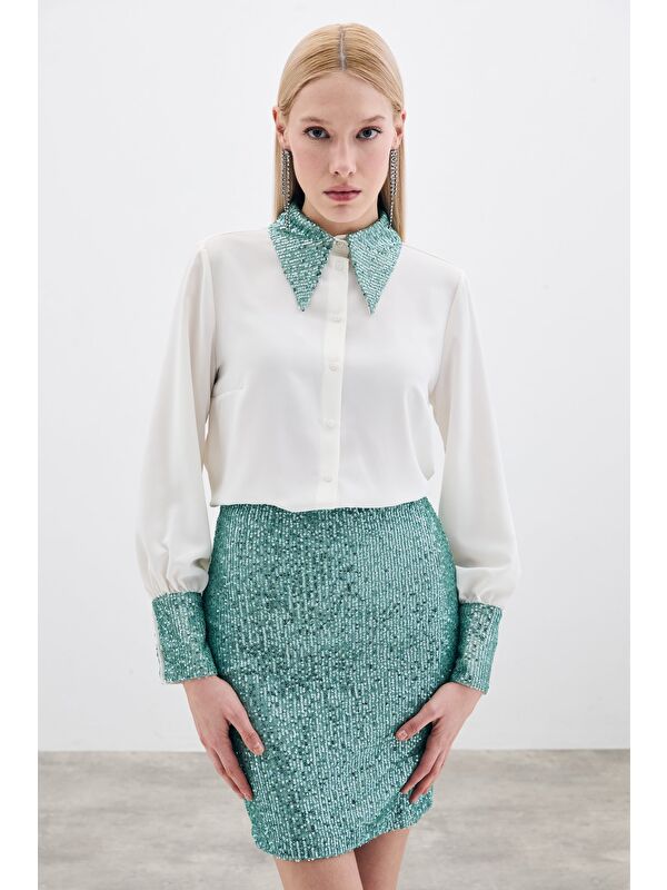 SATEEN Payet Detaylı Gömlek - Ekru-Mint