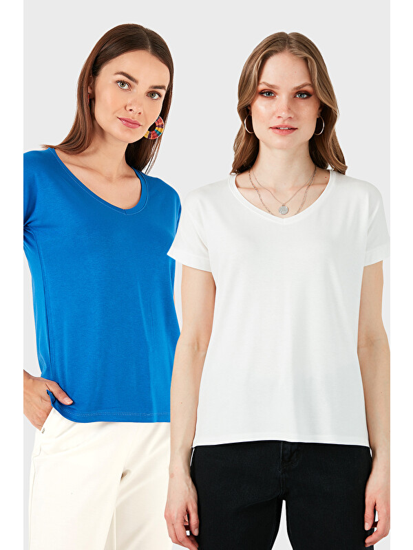 Lela V Yaka Relaxed Fit Yırtmaç Detaylı 2'li Paket Bluz 5862000S2