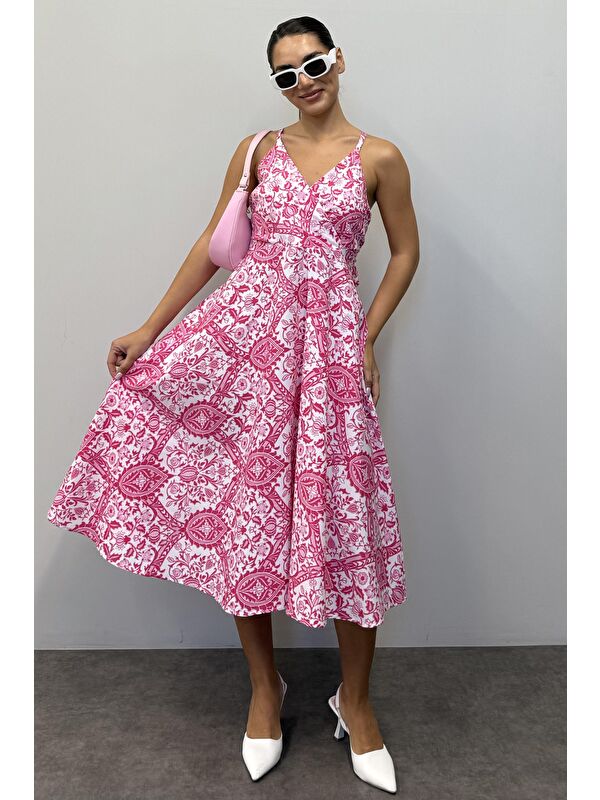 Madmext Pembe Desenli Dekolteli Midi Boy Elbise Mg1537