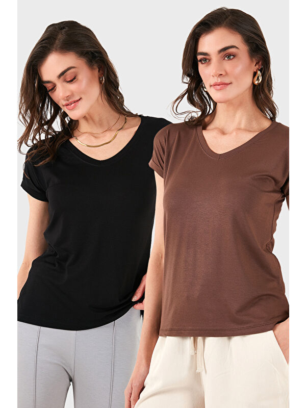 Lela V Yaka Relaxed Fit Yırtmaç Detaylı 2'li Paket Bluz 5862000S2