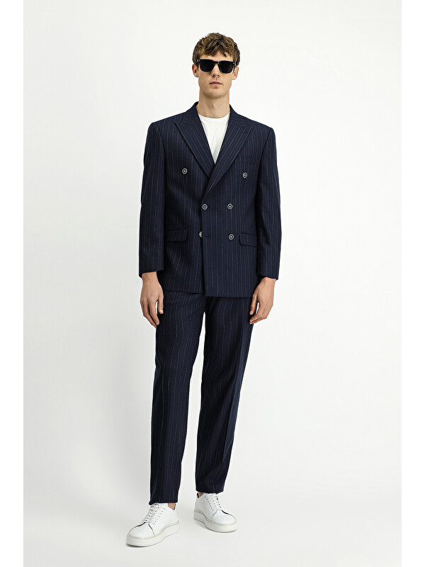 Kiğılı 7 Drop Slim Fit Dar Kesim Çizgili Kruvaze Takım Elbise