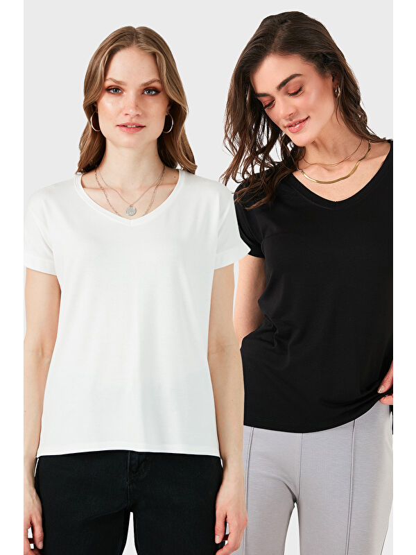 Lela V Yaka Relaxed Fit Yırtmaç Detaylı 2'li Paket Bluz 5862000S2