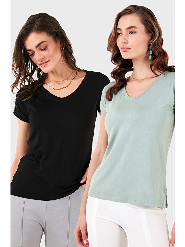 Lela V Yaka Relaxed Fit Yırtmaç Detaylı 2'li Paket Bluz 5862000S2