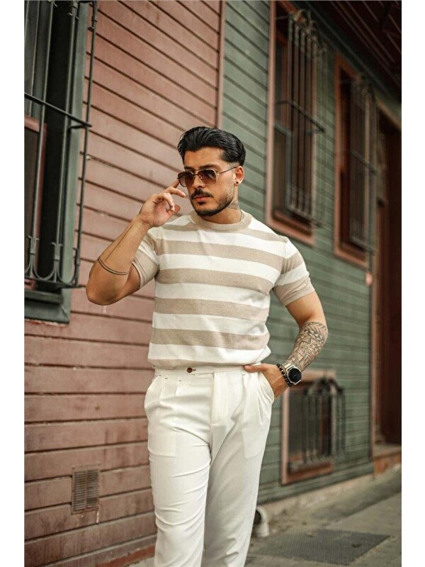 Tarz Cool Erkek Beyaz Taş Normal Kalıp Triko Tişört