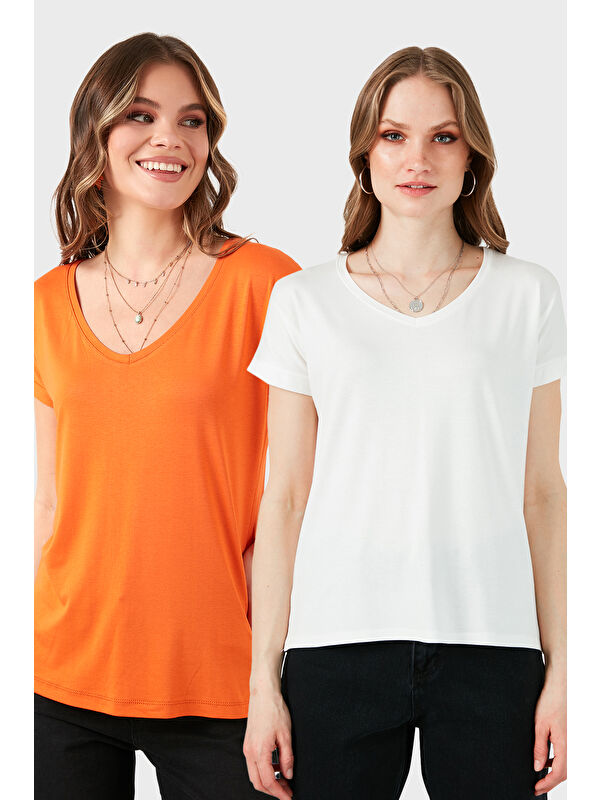 Lela V Yaka Relaxed Fit Yırtmaç Detaylı 2'li Paket Bluz 5862000S2