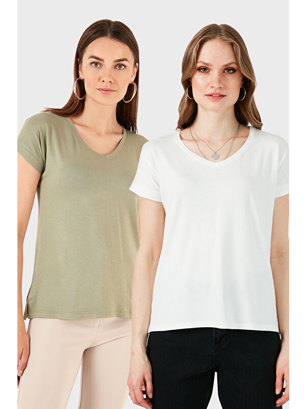 Lela V Yaka Relaxed Fit Yırtmaç Detaylı 2'li Paket Bluz 5862000S2