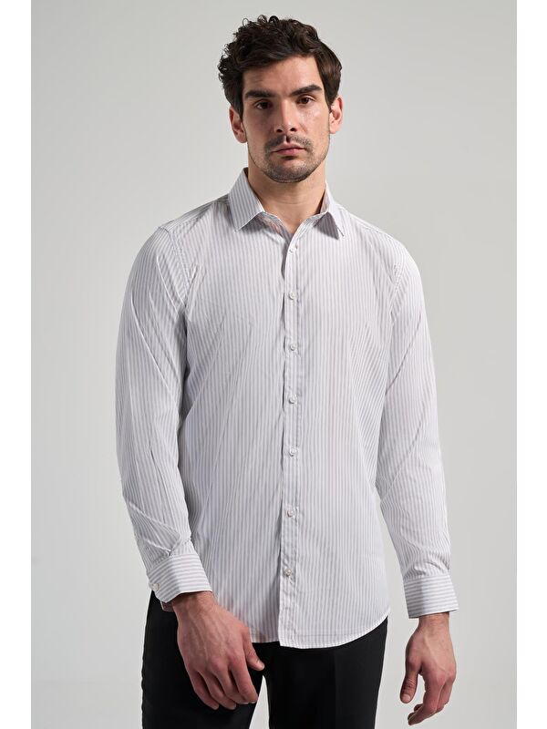 İMZA Beyaz Uzun Kol Desen Yarım İtalyan Yaka Cepsiz Esnek Classic Slim Fit Gömlek 1004245220