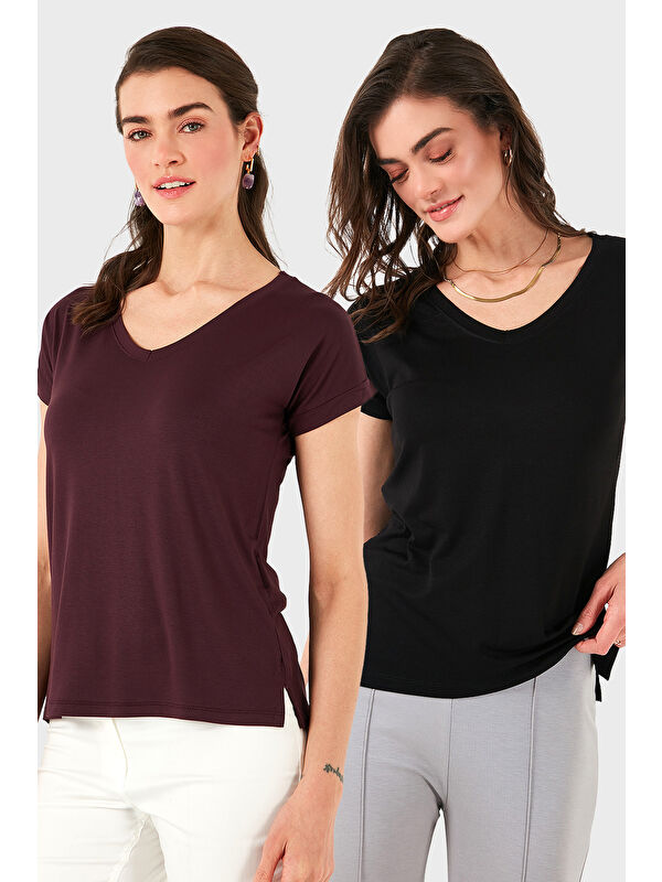 Lela V Yaka Relaxed Fit Yırtmaç Detaylı 2'li Paket Bluz 5862000S2