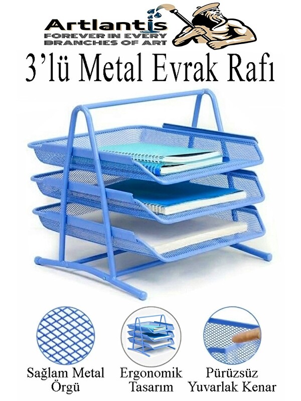 Artlantis Renkli Metal Evrak Rafı 3 lü 1 Paket Masa Üstü A4 Dosya Düzenleyici