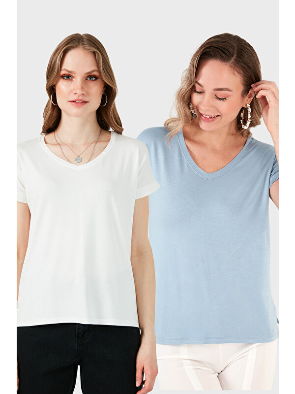 Lela V Yaka Relaxed Fit Yırtmaç Detaylı 2'li Paket Bluz 5862000S2