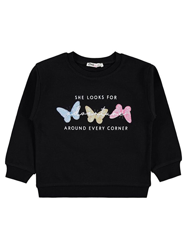 Civil Girls Renkli Kelebek Baskılı 2-5 Yaş Sweatshirt - Siyah 2-3 Yaş