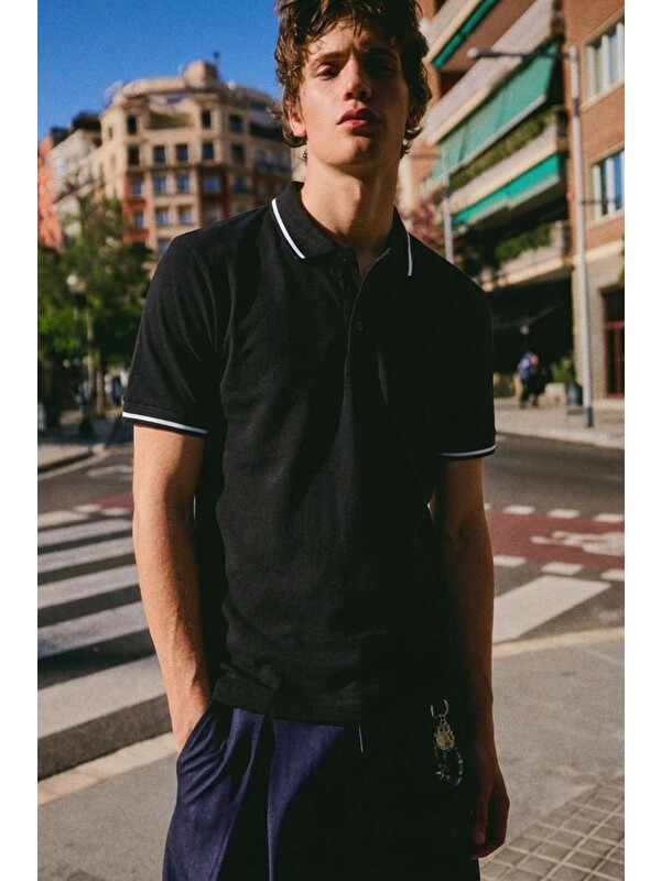 Comstar Erkek Düğmeli Fashion Siyah Polo Yaka Tişört